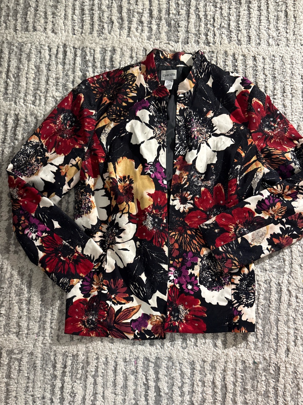 Chicos red black cream floral sequin open front jacket coat size 8